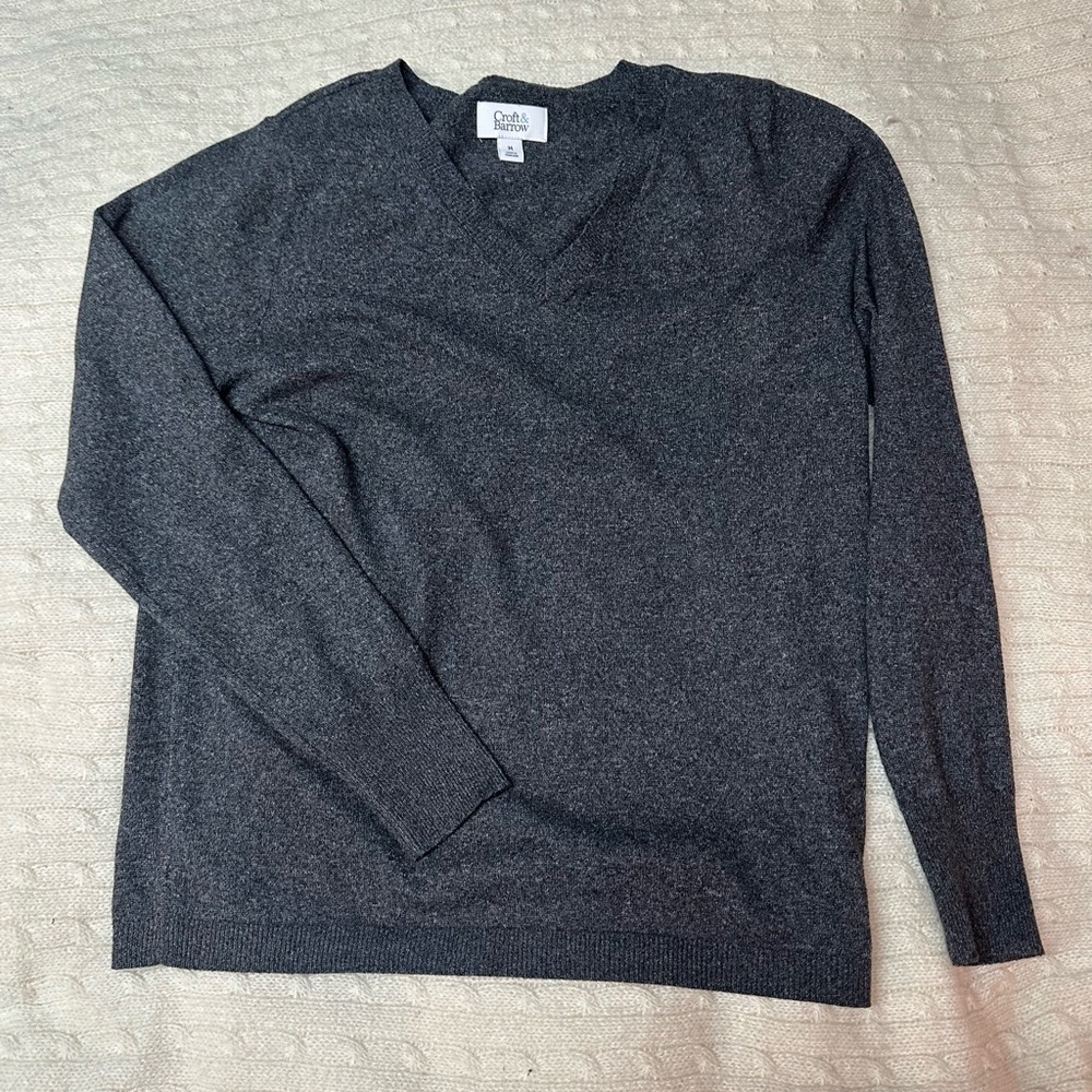 Croft & Barrow Gray V-Neck Sweater with Ribbed Details